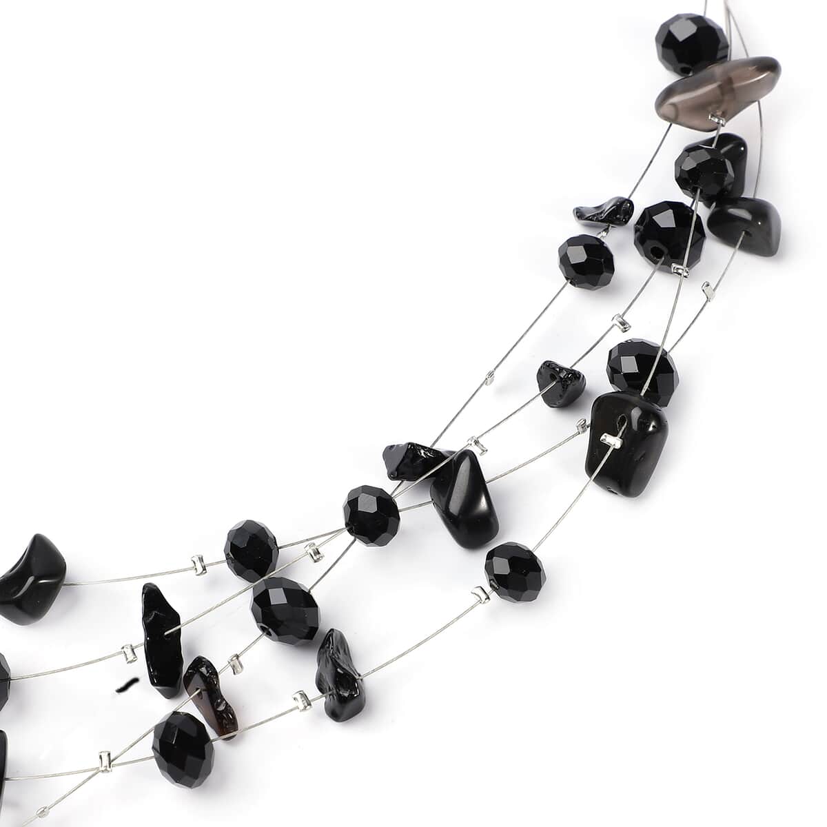 Black Agate and Black Glass Layered Necklace 20 Inches in Silvertone 90.00 ctw image number 3