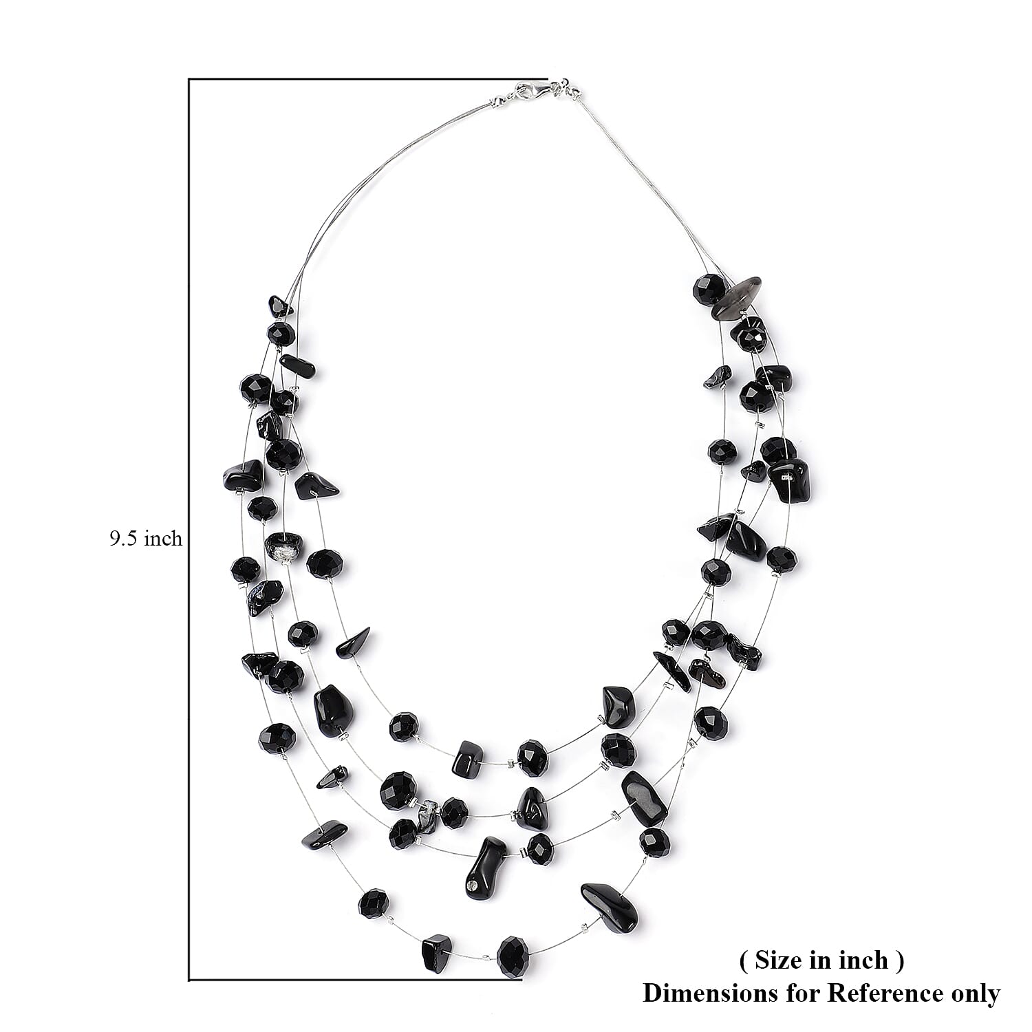 Black Agate and Black Glass Layered Necklace 20 Inches in Silvertone 90.00 ctw