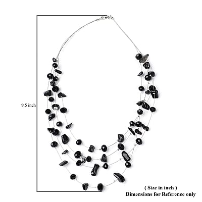 Black Agate and Black Glass Layered Necklace 20 Inches in Silvertone 90.00 ctw