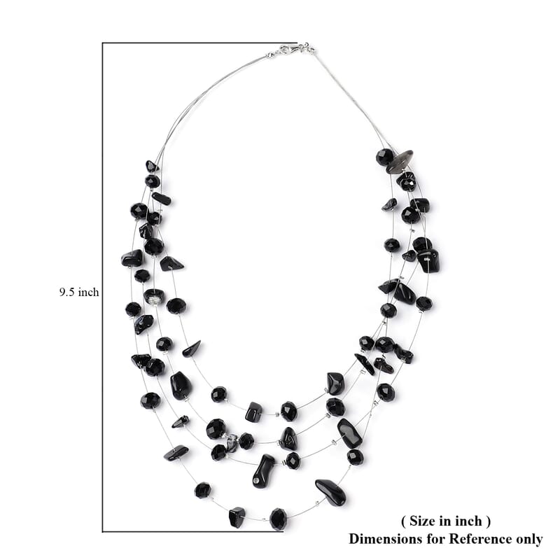 Black Agate and Black Glass Layered Necklace 20 Inches in Silvertone 90.00 ctw