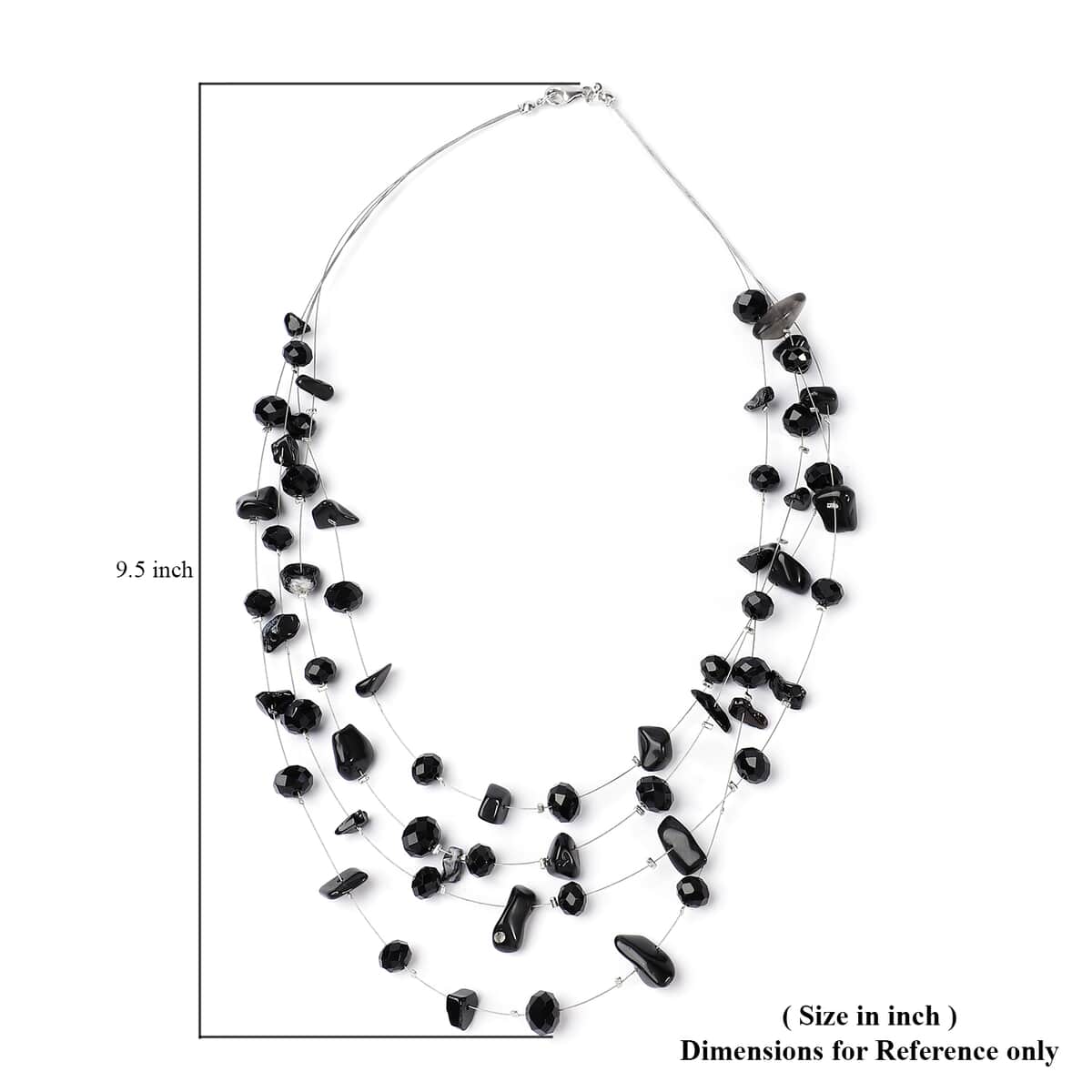 Black Agate and Black Glass Layered Necklace 20 Inches in Silvertone 90.00 ctw image number 5