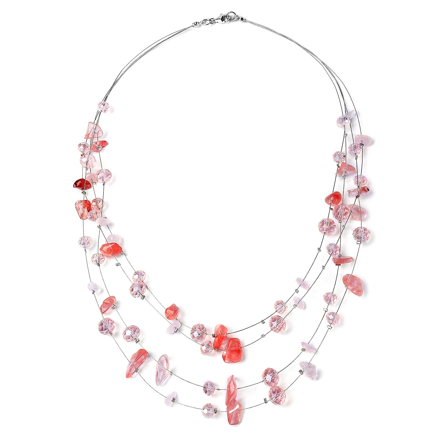 Cherry Quartz and Pink Glass Layered Necklace 20 Inches in Silvertone 90.00 ctw