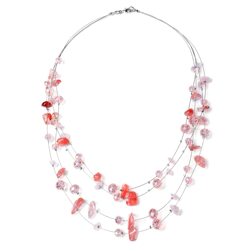 Cherry Quartz and Pink Glass Layered Necklace 20 Inches in Silvertone 90.00 ctw