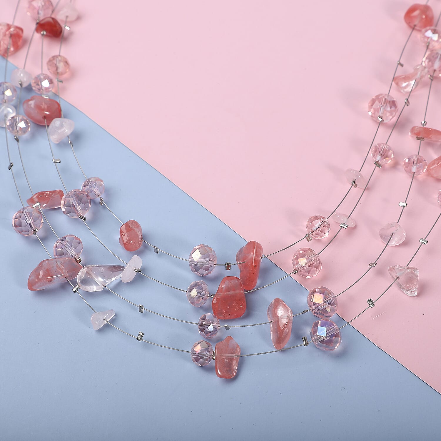 Cherry Quartz and Pink Glass Layered Necklace 20 Inches in Silvertone 90.00 ctw