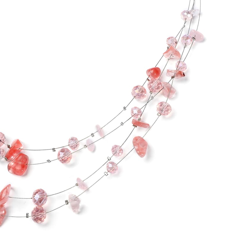 Cherry Quartz and Pink Glass Layered Necklace 20 Inches in Silvertone 90.00 ctw