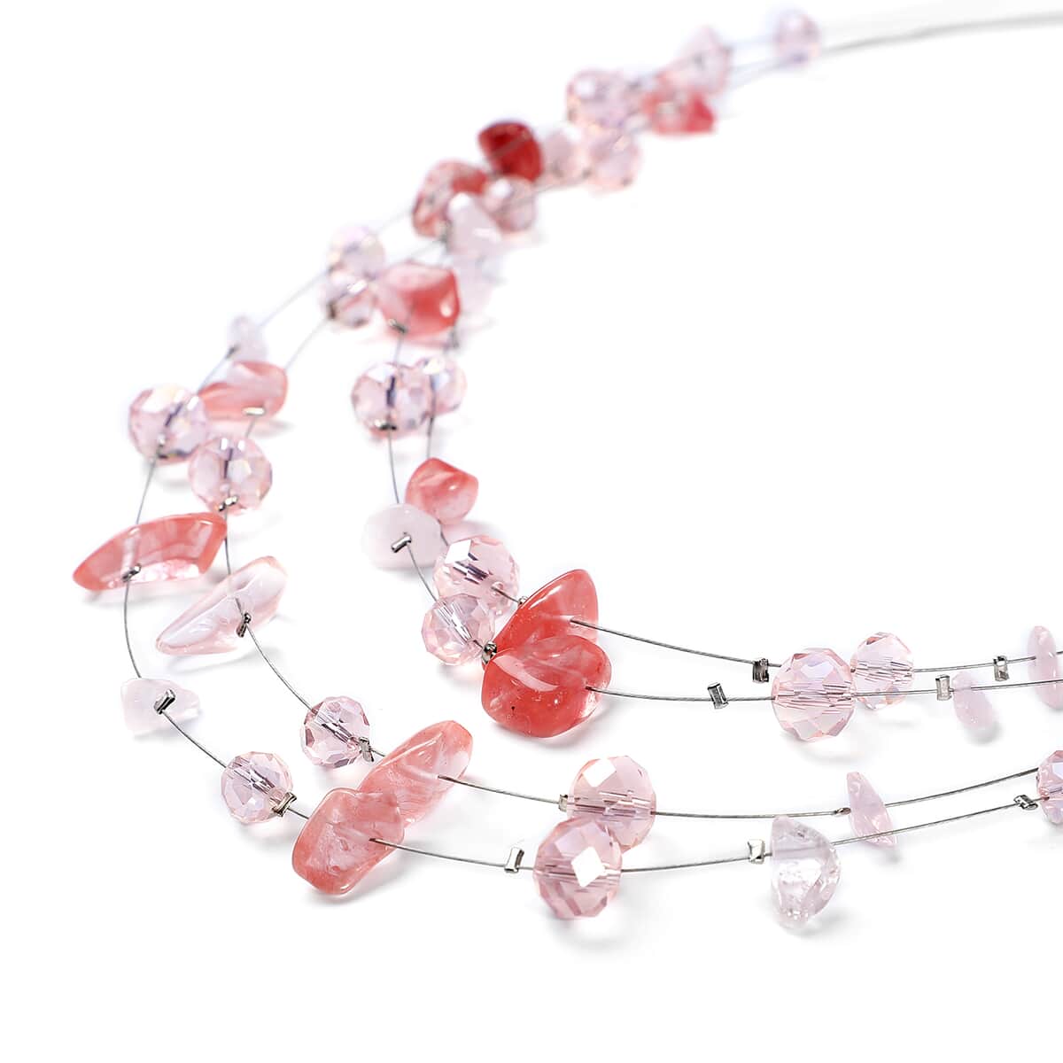 Cherry Quartz and Pink Glass Layered Necklace 20 Inches in Silvertone 90.00 ctw image number 3