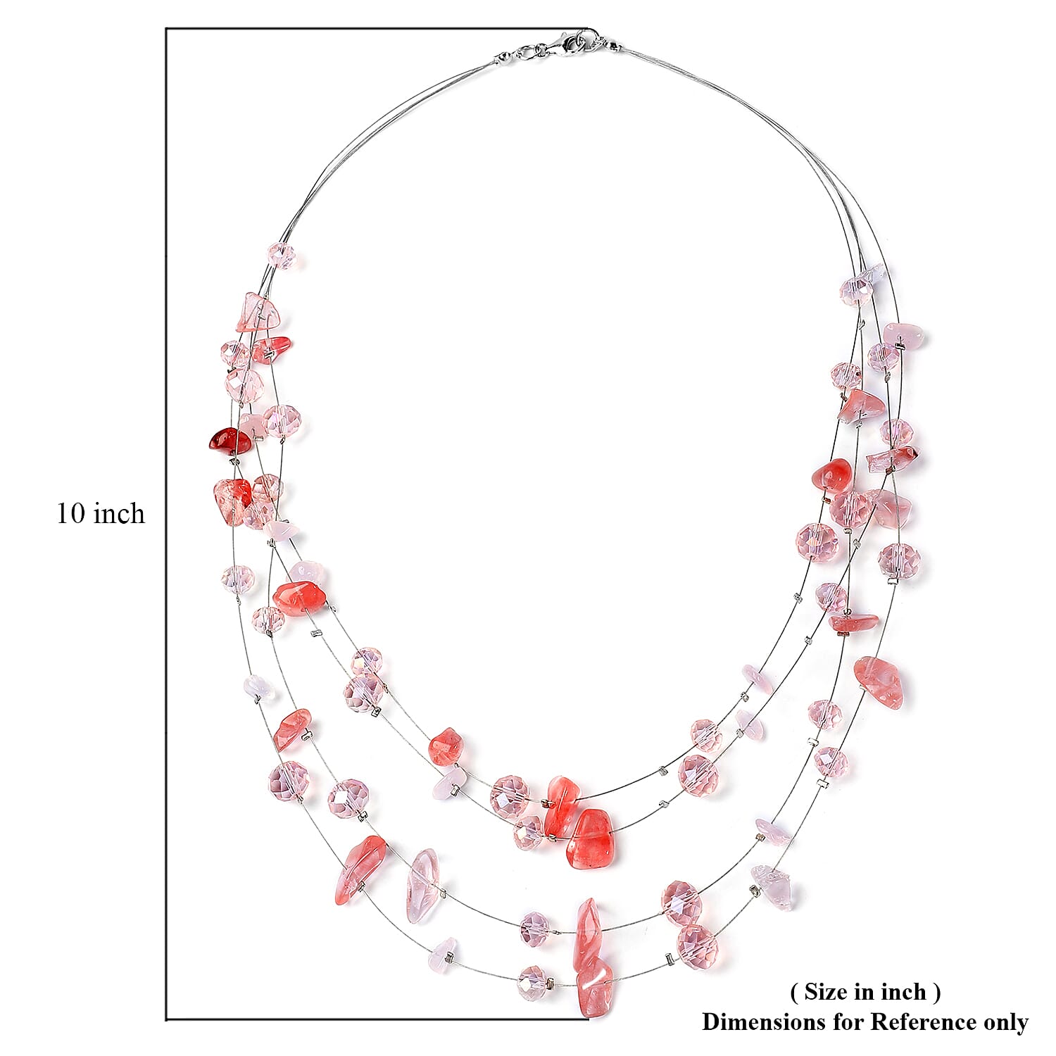 Cherry Quartz and Pink Glass Layered Necklace 20 Inches in Silvertone 90.00 ctw