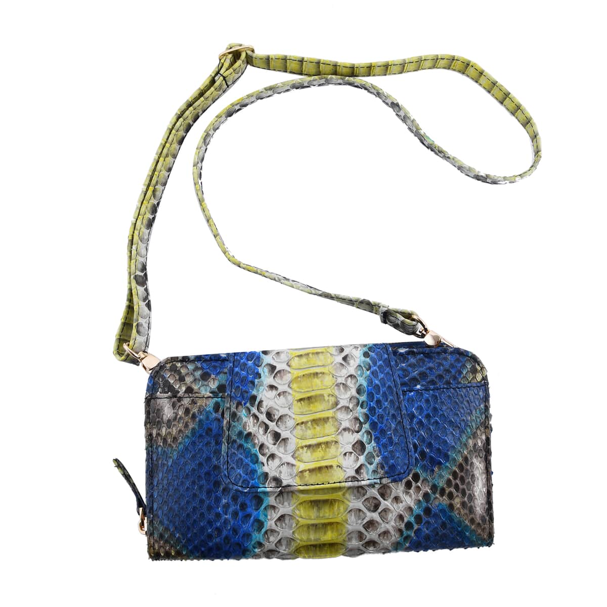 The Pelle Collection Handmade 100% Genuine Python Leather Blue & Yellow Color Crossbody Wallet image number 0