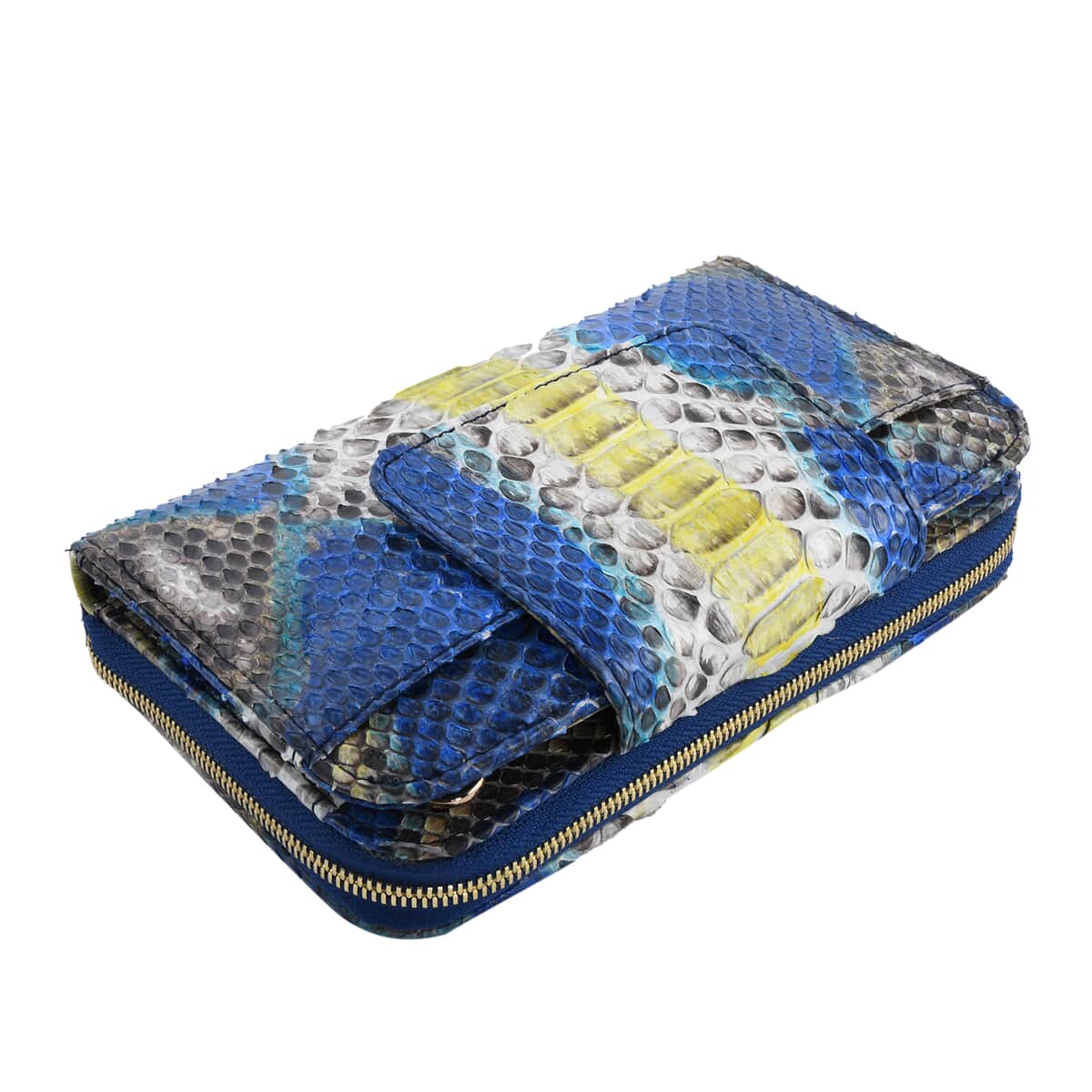 The Pelle Python Collection Handmade 100% Genuine Python Leather Blue & Yellow Color Crossbody Wallet (8"x4.3"x1.6") image number 2