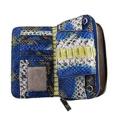 The Pelle Collection Handmade 100% Genuine Python Leather Blue & Yellow Color Crossbody Wallet