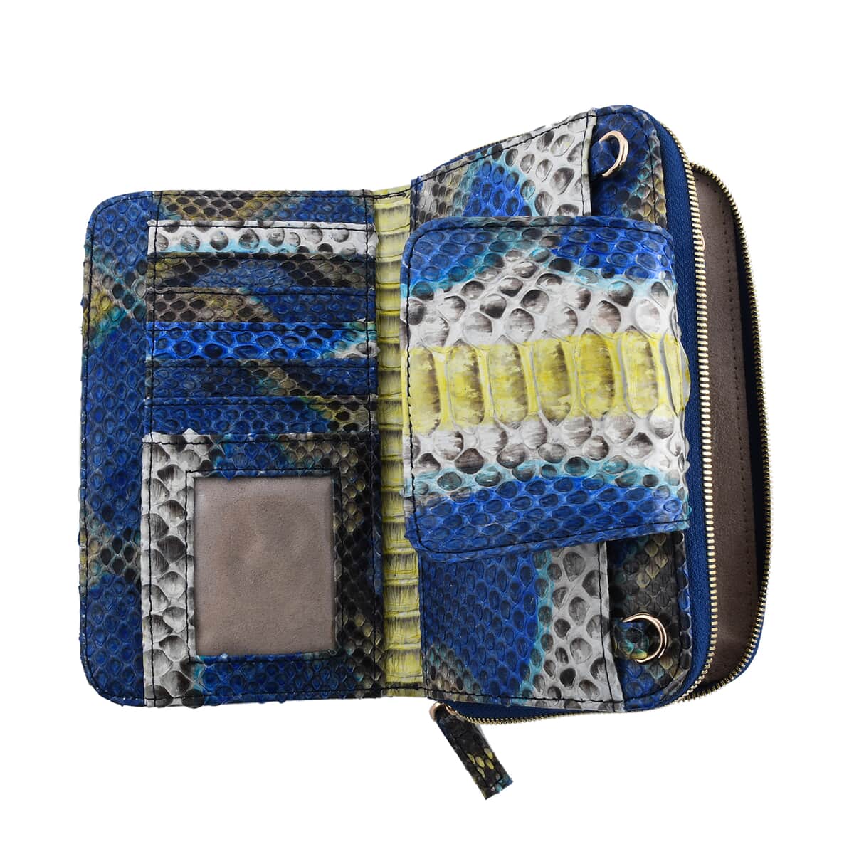 The Pelle Python Collection Handmade 100% Genuine Python Leather Blue & Yellow Color Crossbody Wallet (8"x4.3"x1.6") image number 3