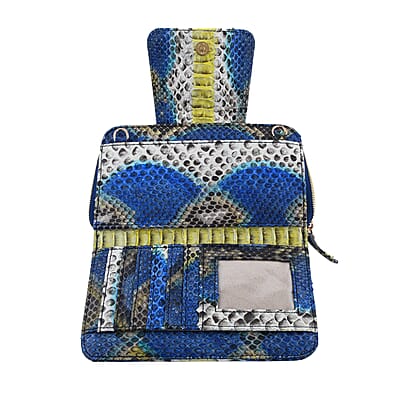 The Pelle Collection Handmade 100% Genuine Python Leather Blue & Yellow Color Crossbody Wallet