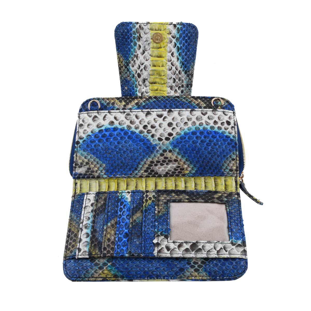 The Pelle Python Collection Handmade 100% Genuine Python Leather Blue & Yellow Color Crossbody Wallet (8"x4.3"x1.6") image number 4