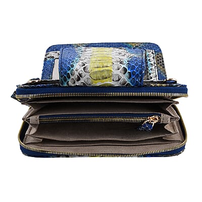 The Pelle Collection Handmade 100% Genuine Python Leather Blue & Yellow Color Crossbody Wallet