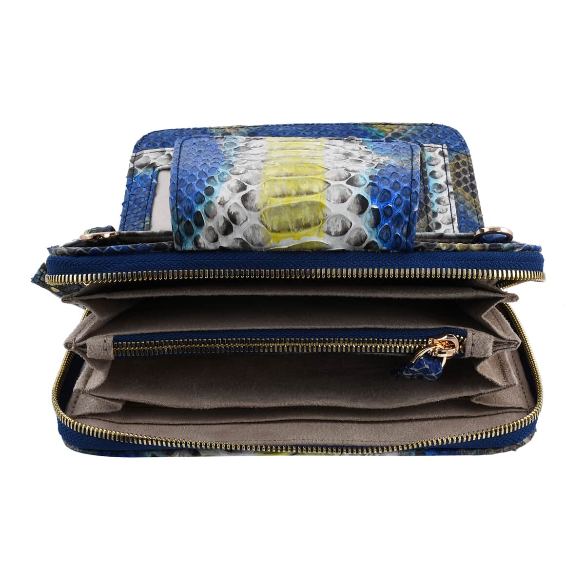 The Pelle Python Collection Handmade 100% Genuine Python Leather Blue & Yellow Color Crossbody Wallet (8"x4.3"x1.6") image number 5