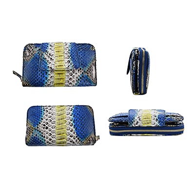 The Pelle Collection Handmade 100% Genuine Python Leather Blue & Yellow Color Crossbody Wallet
