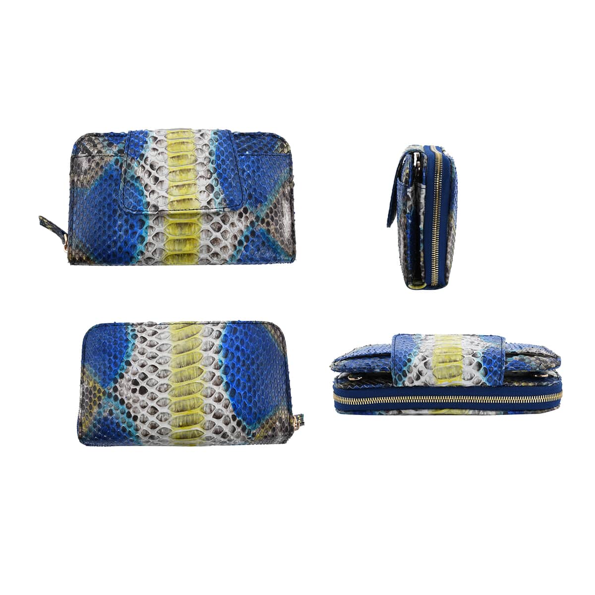 The Pelle Python Collection Handmade 100% Genuine Python Leather Blue & Yellow Color Crossbody Wallet (8"x4.3"x1.6") image number 6