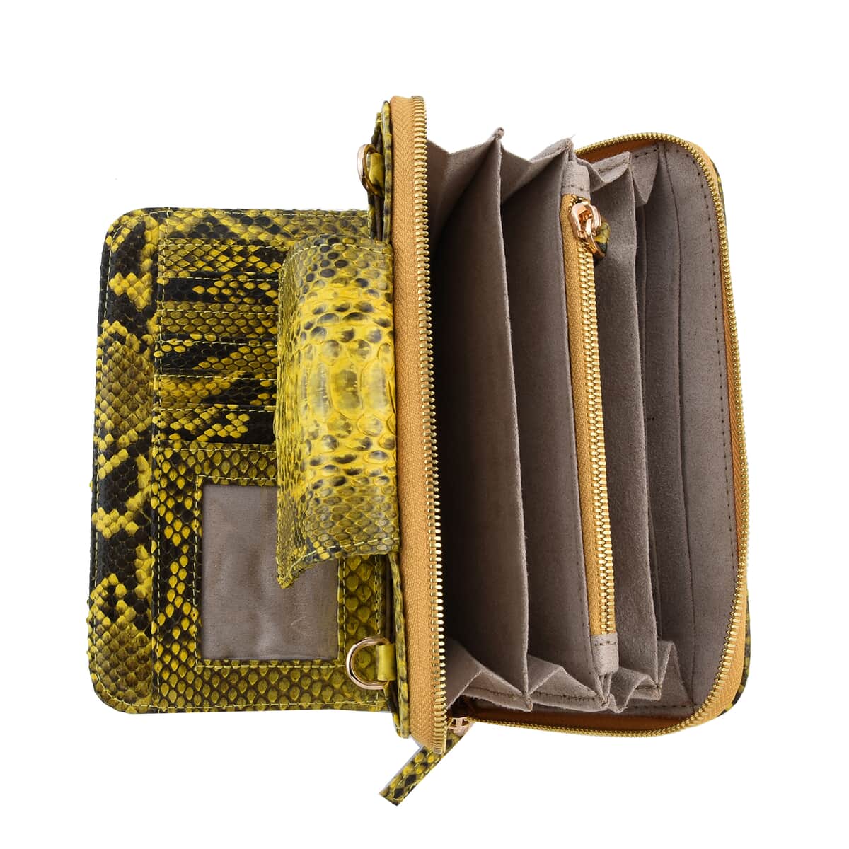 The Pelle Collection Handmade 100% Genuine Python Leather Golden & Yellow Color Crossbody Wallet image number 3