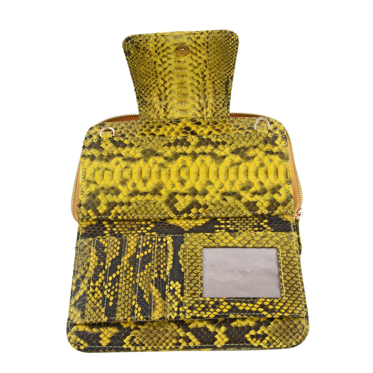 The Pelle Collection Handmade 100% Genuine Python Leather Golden & Yellow Color Crossbody Wallet image number 4