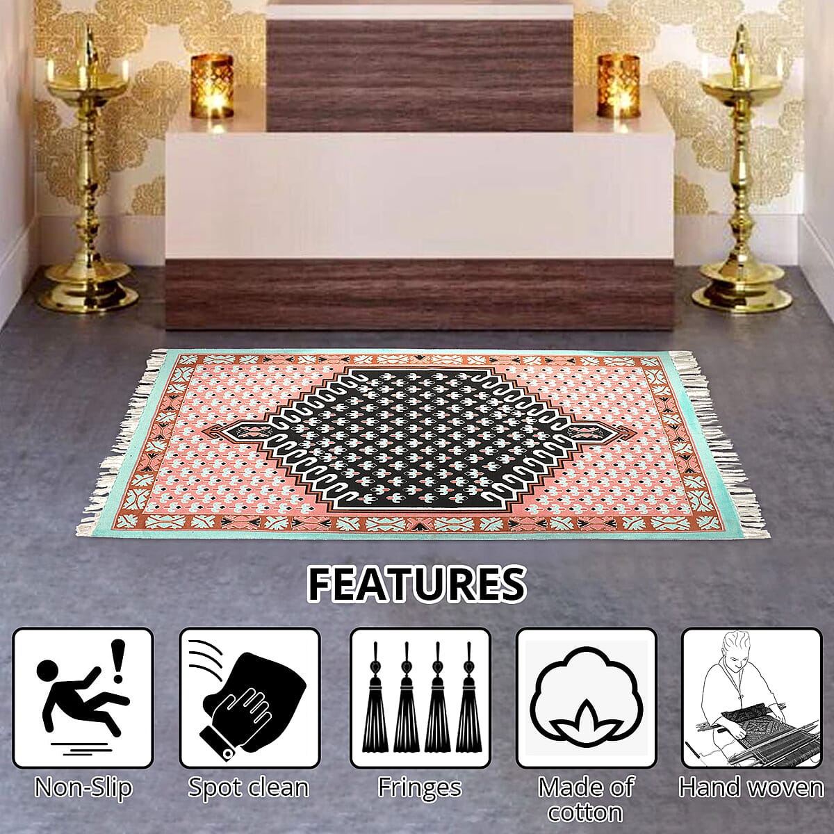 Turquoise & Black Screen Printed 100% Cotton Handloom Rugs image number 1