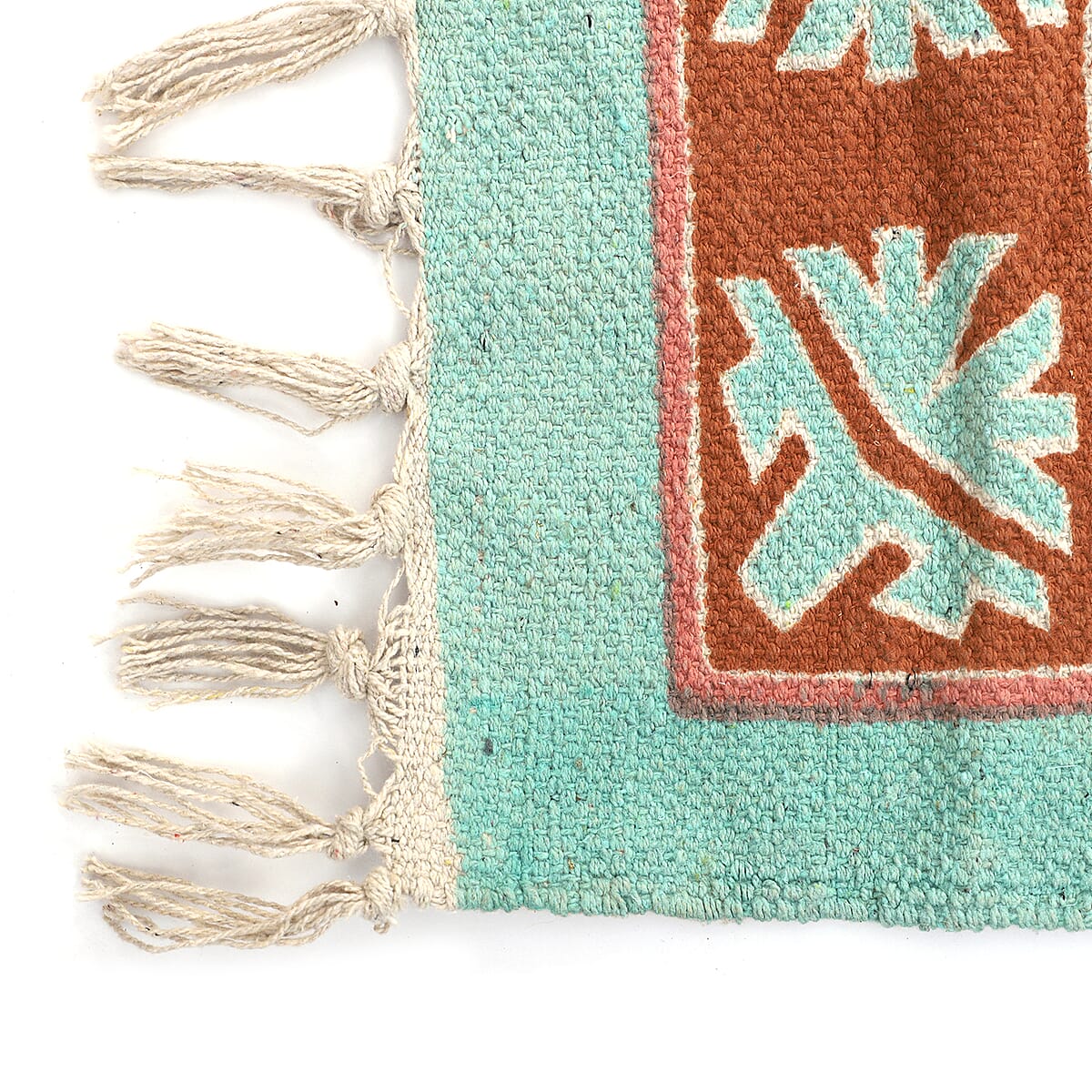 Turquoise & Black Screen Printed 100% Cotton Handloom Rugs image number 3