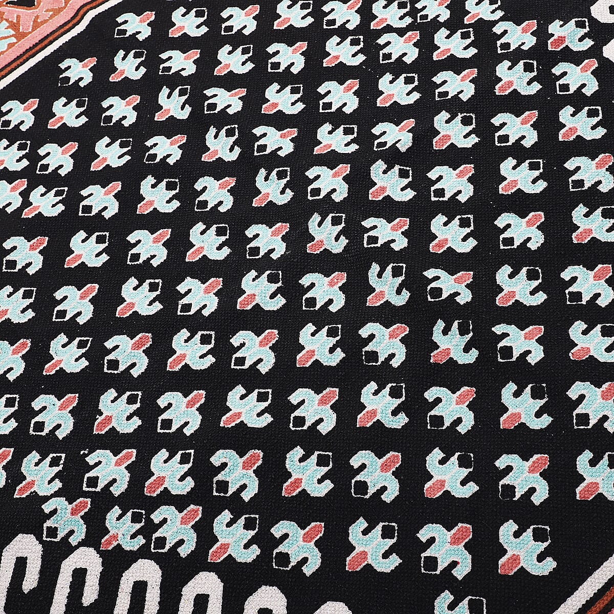 Turquoise & Black Screen Printed 100% Cotton Handloom Rugs image number 4