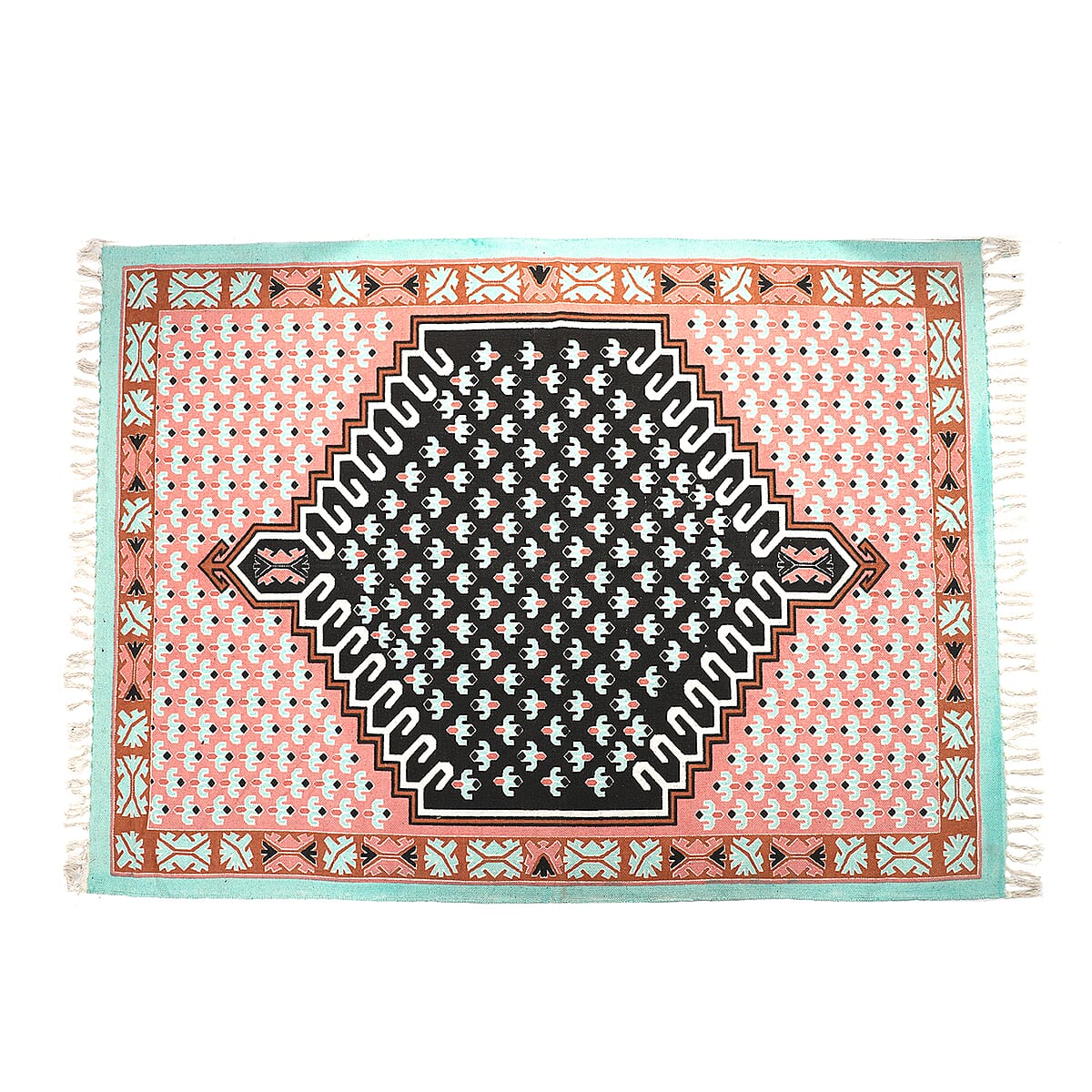 Turquoise & Black Screen Printed 100% Cotton Handloom Rugs image number 5