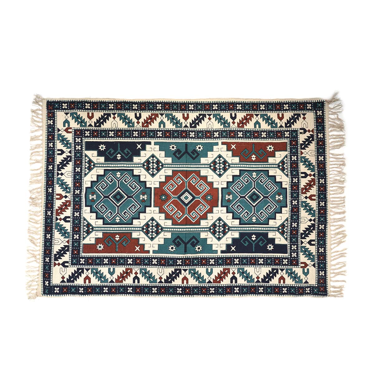 Homesmart Beige & Teal Screen Printed Cotton, Handloom Woven Rug image number 1