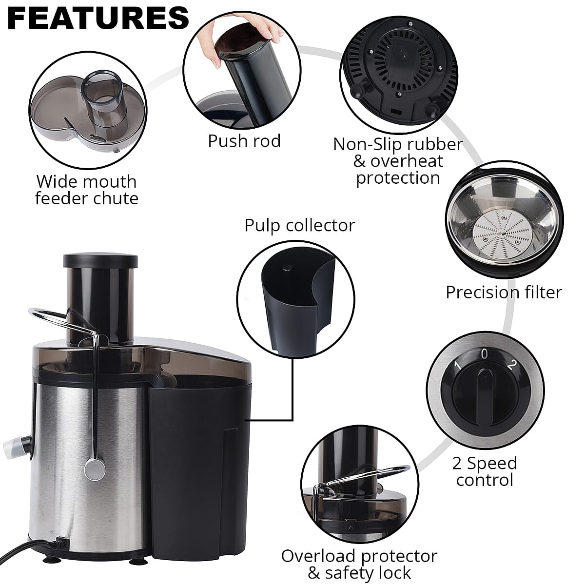 Silver and Black Power Juicer with 2 Speed Control (500 W) image number 2