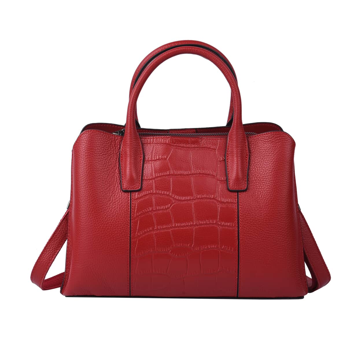 Hong Kong Closeout Collection Red Crocodile Embossed Pattern Genuine Leather Tote Bag with Swivel Snap Hook for Keys image number 0