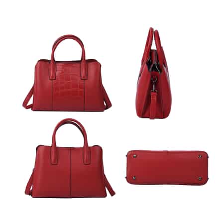 Hong Kong Closeout Collection Red Crocodile Embossed Pattern Genuine Leather Tote Bag with Swivel Snap Hook for Keys image number 3