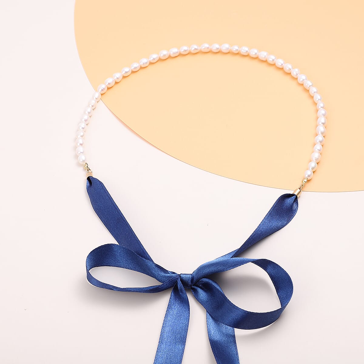 White Freshwater Pearl Ribbon Necklace (26 Inches) in Goldtone image number 1