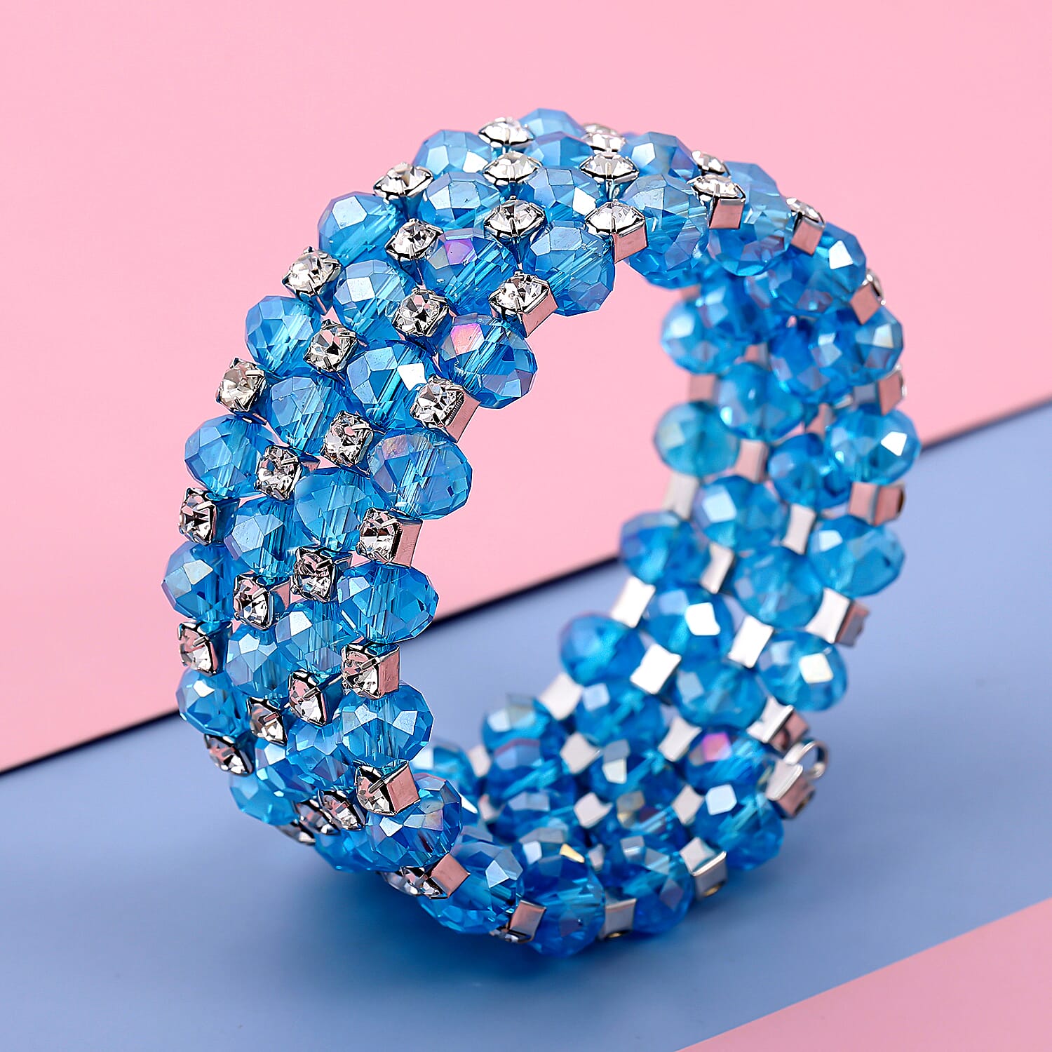 Simulated Blue Sapphire and Austrian Crystal Wrap Bracelet in Silvertone (7.00 In)