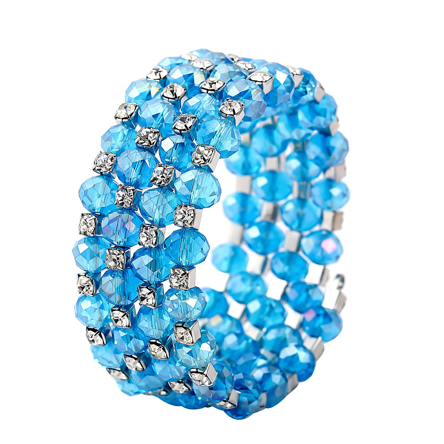 Simulated Blue Sapphire and Austrian Crystal Wrap Bracelet in Silvertone (7.00 In)