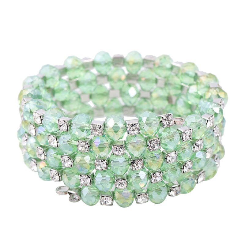 Simulated Green Emerald and Austrian Crystal Wrap Bracelet in Silvertone (7.00 In)