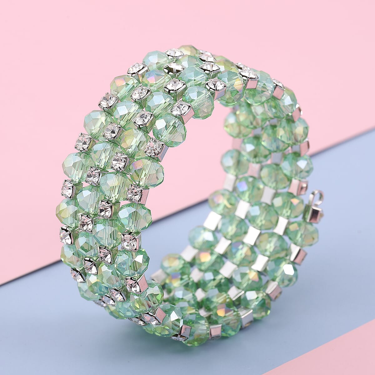 Simulated Green Emerald and Austrian Crystal Wrap Bracelet in Silvertone (7.00 In) image number 1