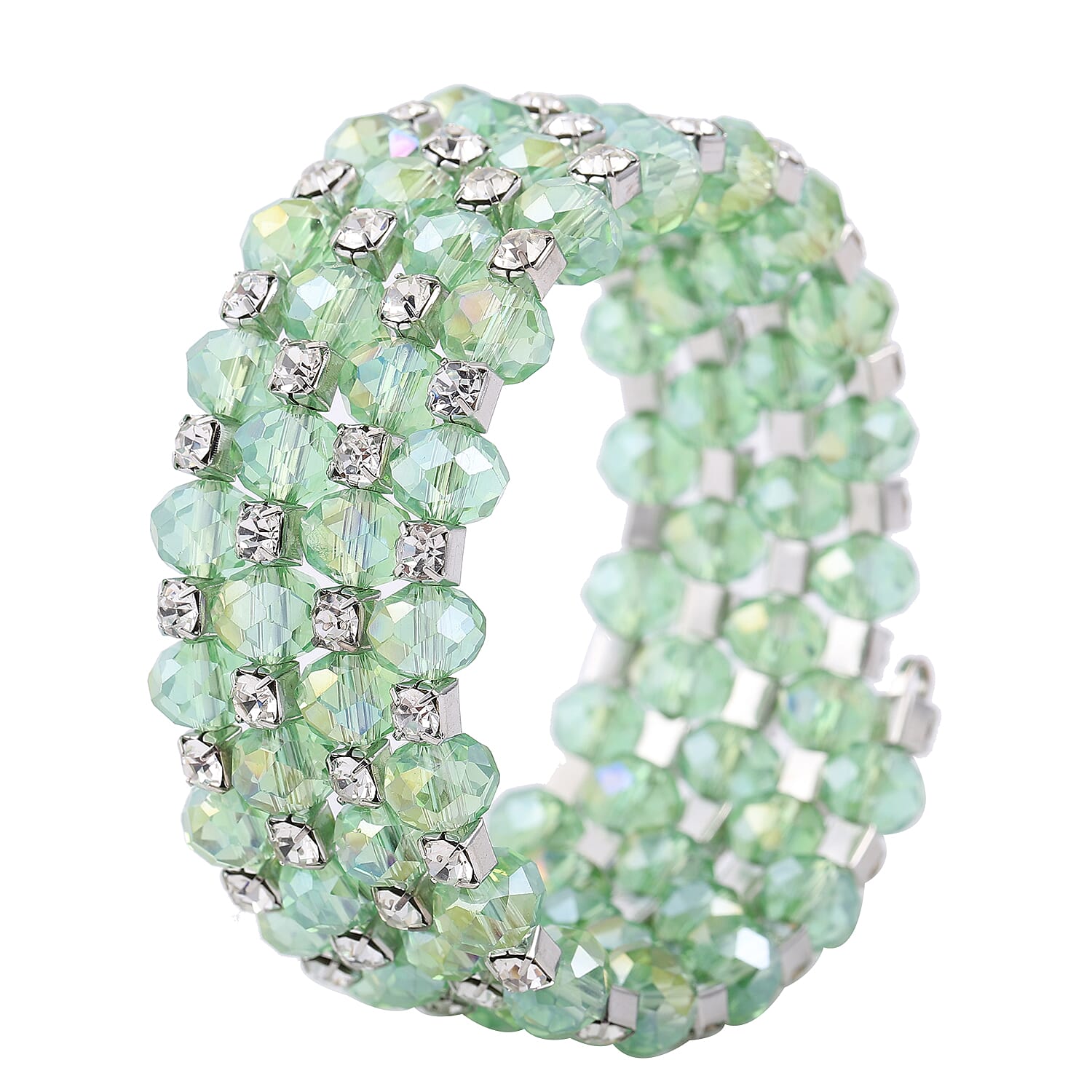 Simulated Green Emerald and Austrian Crystal Wrap Bracelet in Silvertone (7.00 In)