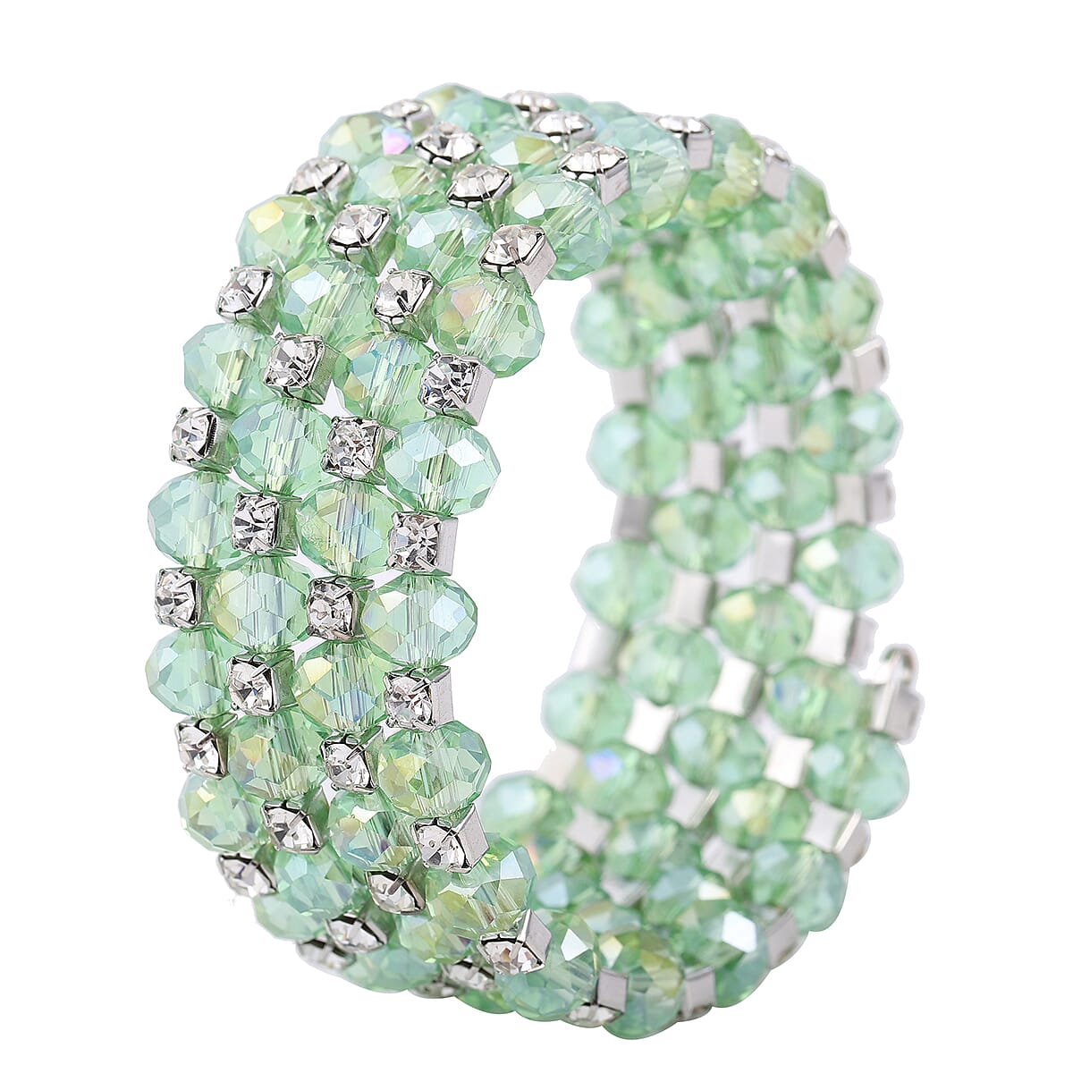 Simulated Green Emerald and Austrian Crystal Wrap Bracelet in Silvertone (7.00 In) image number 2