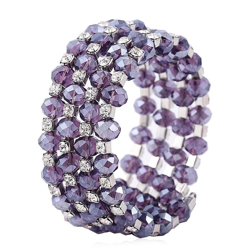 Simulated Purple Sapphire and Austrian Crystal Wrap Bracelet in Silvertone (7.00 In)