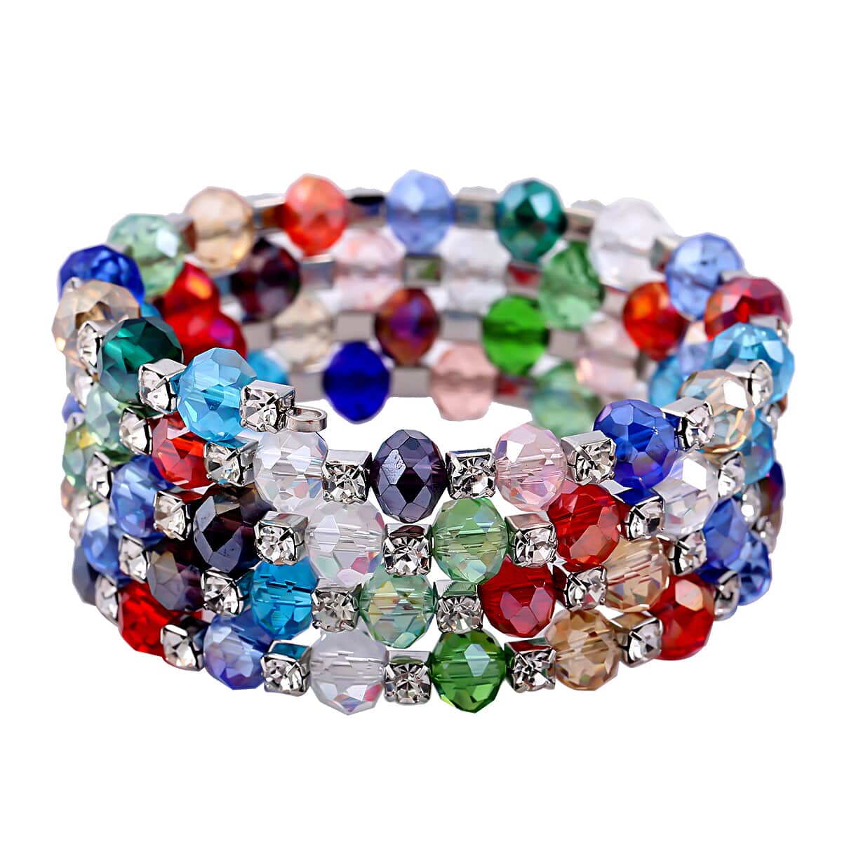 Simulated Multi Color Gemstone and Austrian Crystal Wrap Bracelet in Silvertone (7.00 In) image number 0