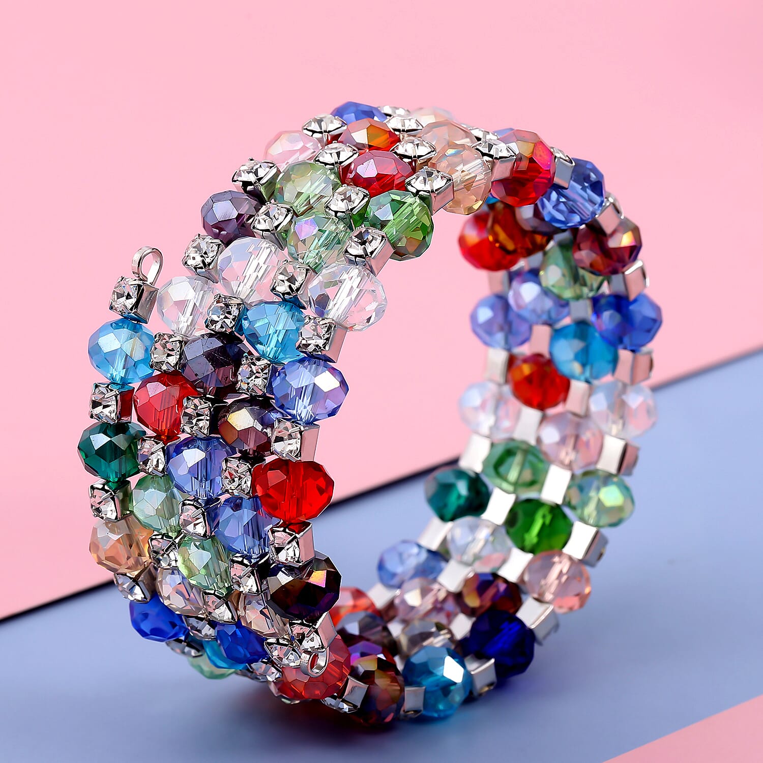 Simulated Multi Color Gemstone and Austrian Crystal Wrap Bracelet in Silvertone (7.00 In)
