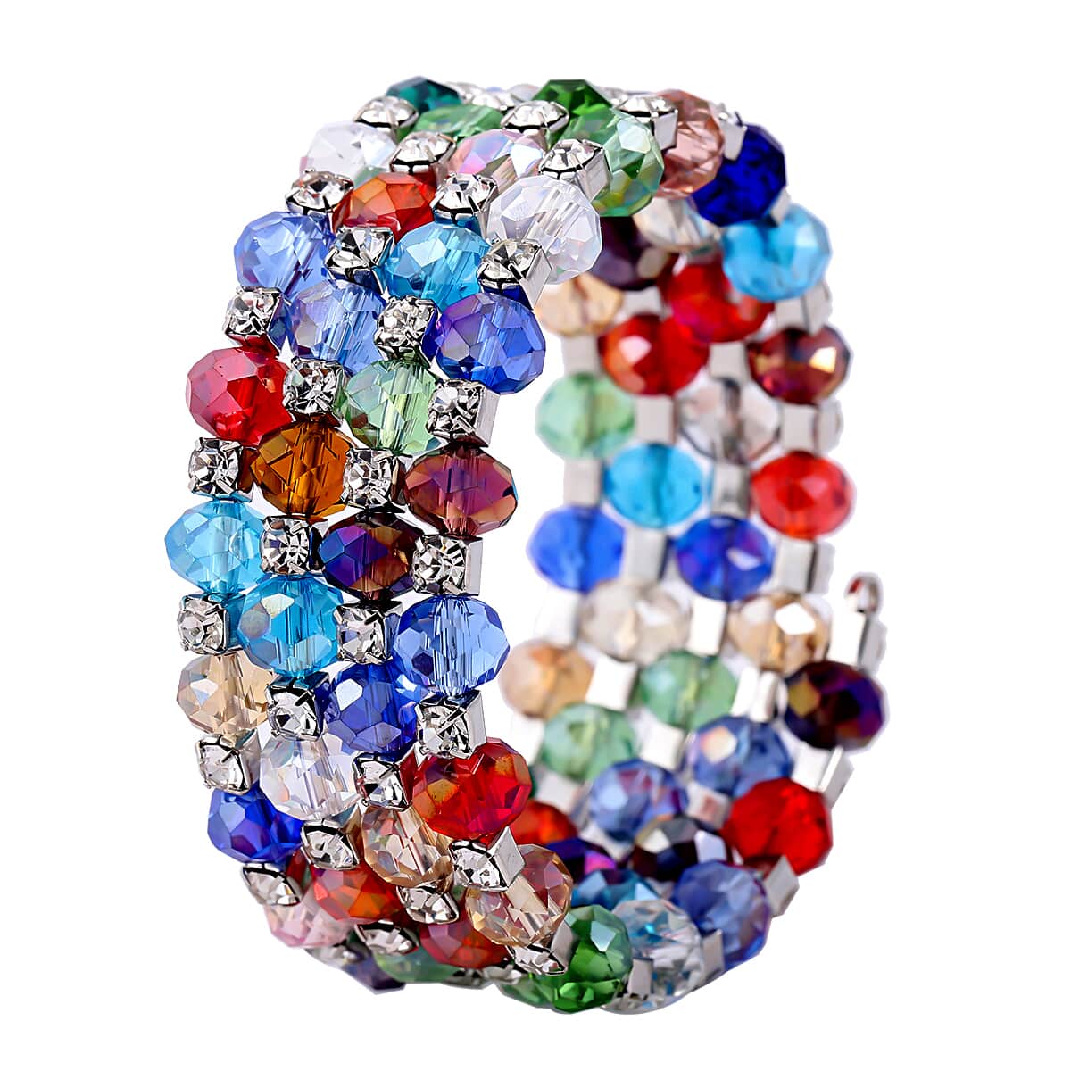 Simulated Multi Color Gemstone and Austrian Crystal Wrap Bracelet in Silvertone (7.00 In) image number 2