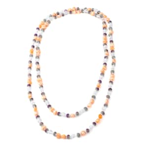 Peach Freshwater Cultured Pearl and Simulated Multi Color Quartz Endless Necklace 48 Inches