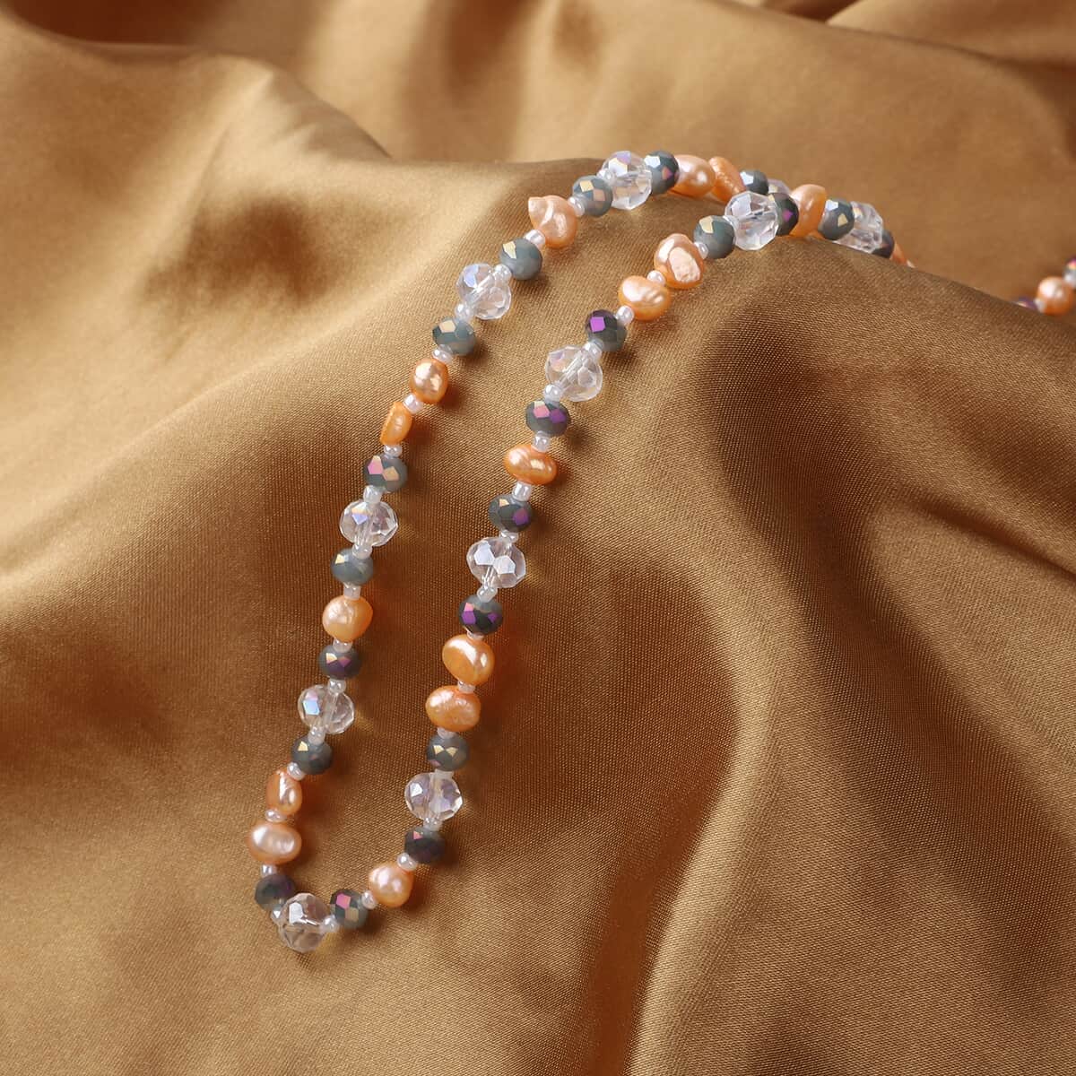 Peach Fresh Water Cultured Pearl and Simulated Multi Color Quartz Beaded Endless Necklace 48 Inches image number 1