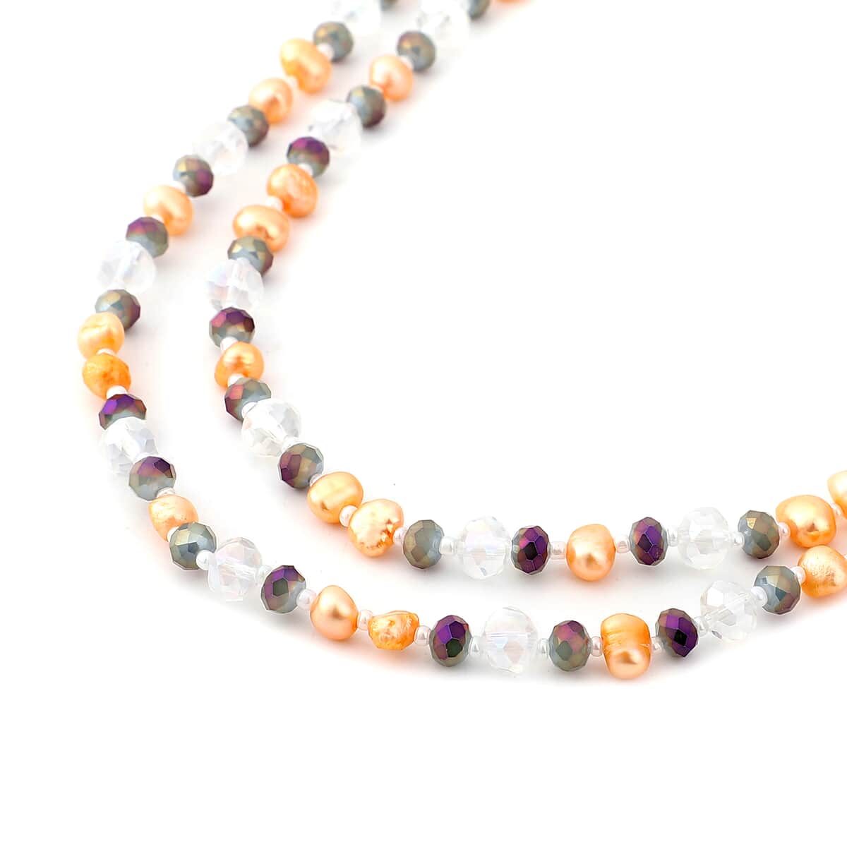 Peach Freshwater Cultured Pearl and Simulated Multi Color Quartz Endless Necklace 48 Inches image number 2