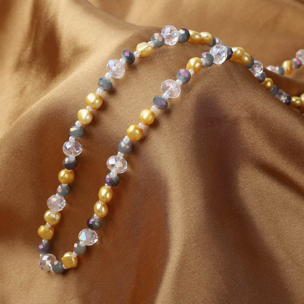 Golden Freshwater Cultured Pearl and Simulated Multi Color Quartz Beaded Endless Necklace 48 Inches image number 1