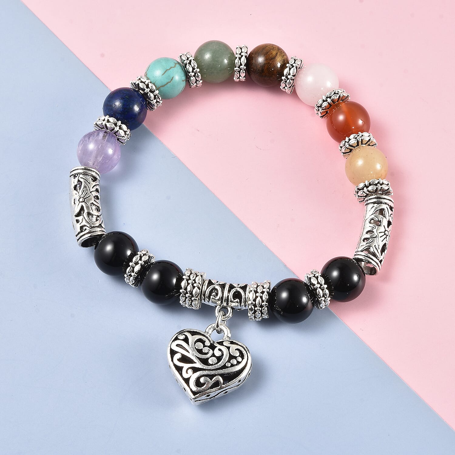 Magnetic by Design Multi Gemstone Seven Chakra Stretch Bracelet in Silvertone 125.00 ctw