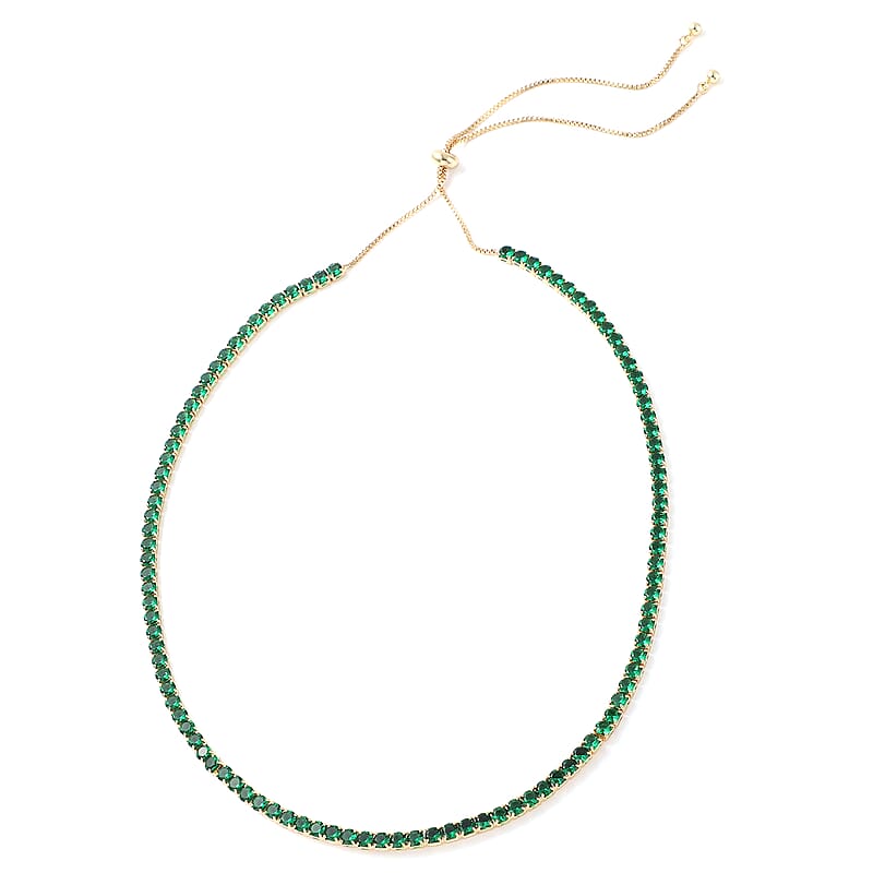 Simulated Emerald Tennis Bolo Necklace 18 Inches in Goldtone