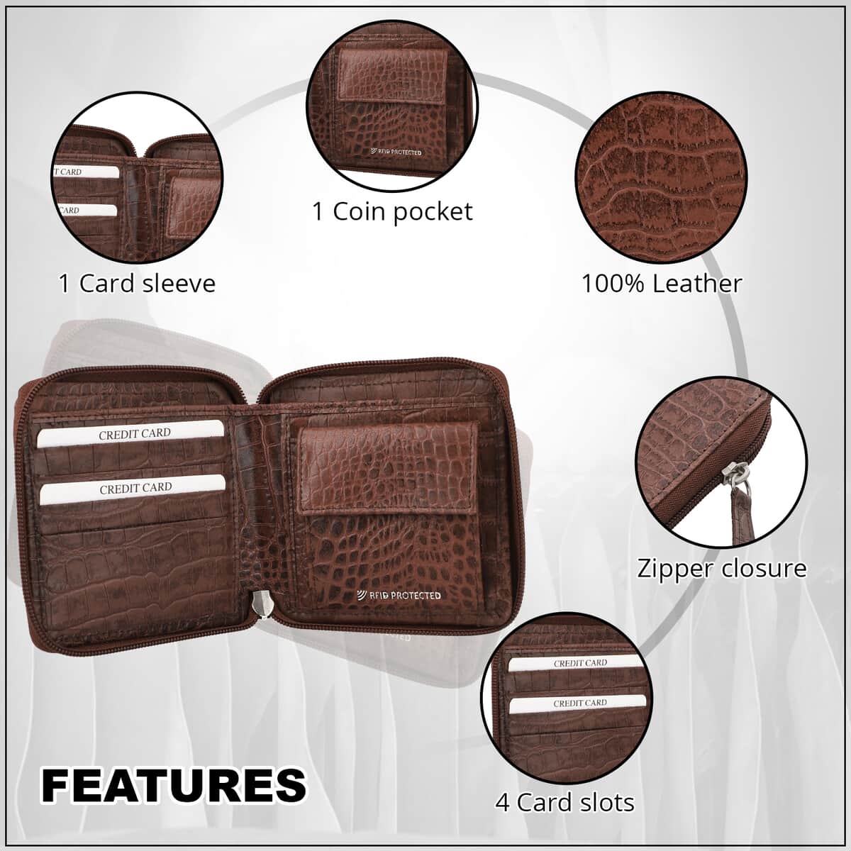Black Croco Embosses 100% Genuine Leather Wallet (4.33"x0.78"x3.93") image number 2
