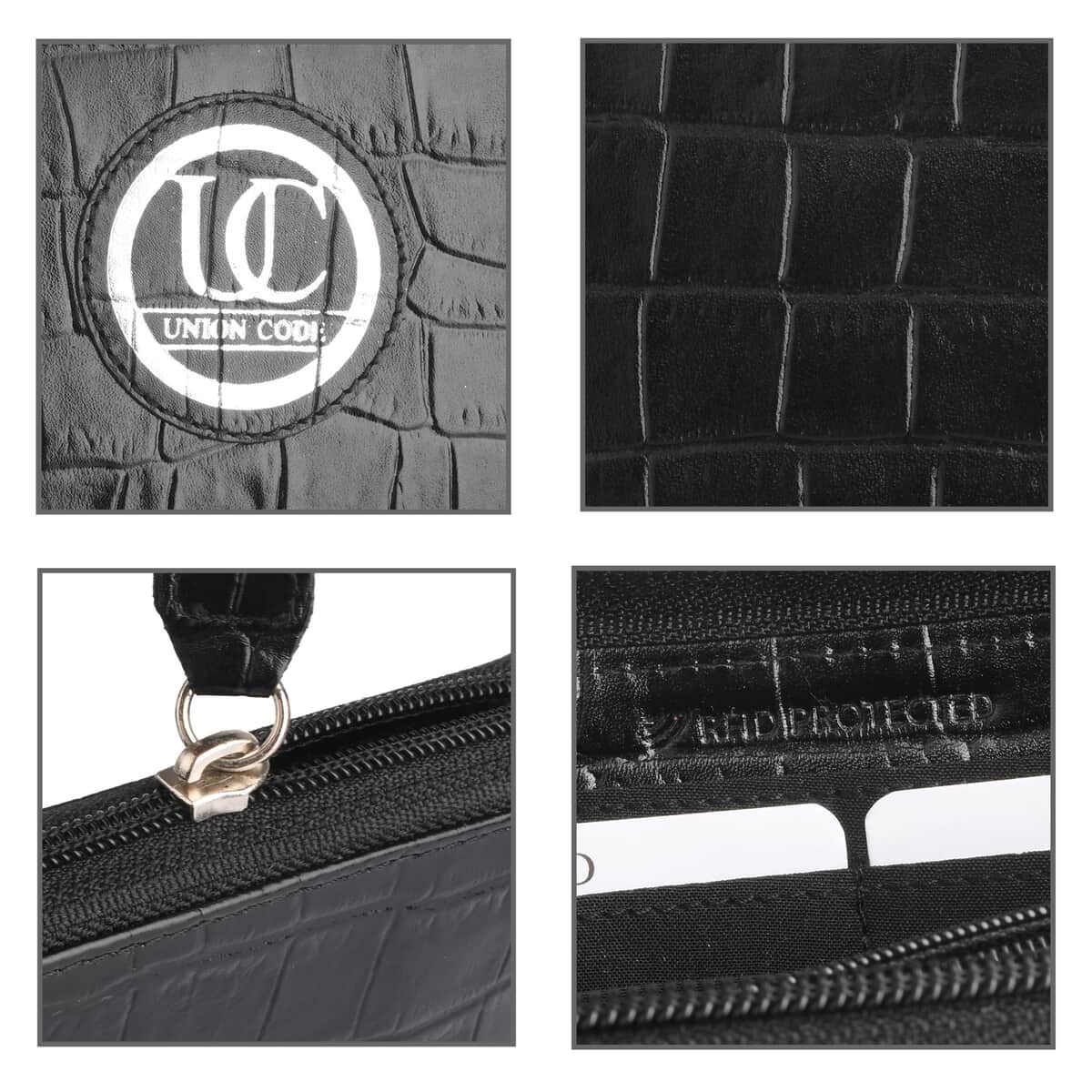 Hong Kong Closeout UNION CODE Black Genuine Leather Croco Embossed RFID Wallet image number 6